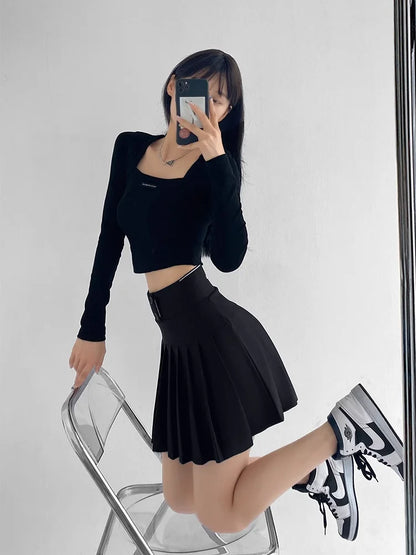 Mini Skirt Women Spring and Summer Original Letter Embroidery Elastic Waist Pleated Skirt A-line Skirt White Black