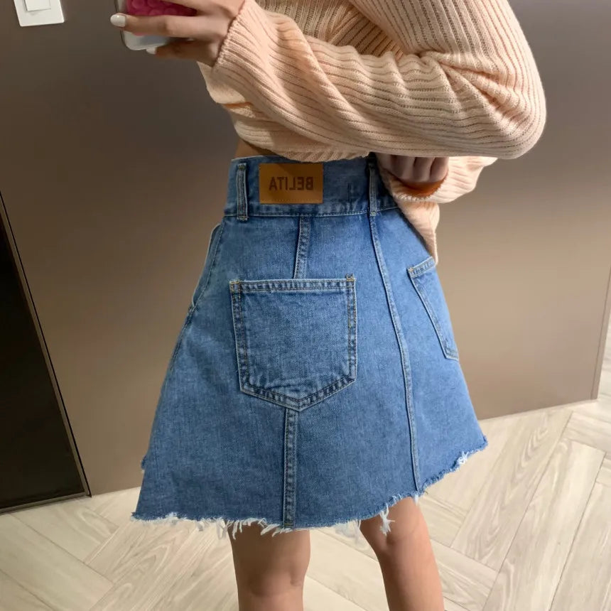 Chic High Waist A-Line  Skirt Women's Jeans ort Skirt Spring Vintage Slimming Splicing Hemming Girl's Faion Commute