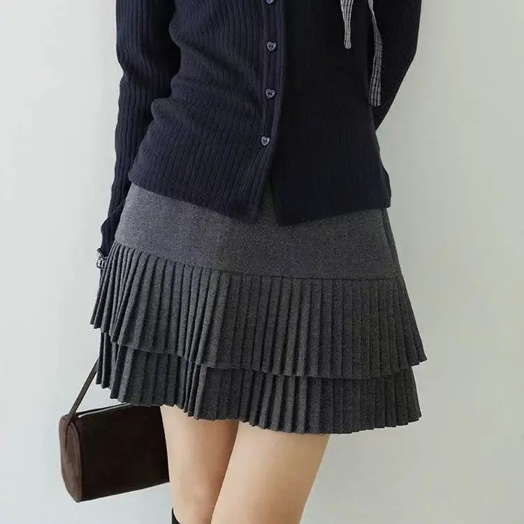 Autumn Winter Vintage Black Grey Versatile Pleated Short Skirt For Women 2025 Brown Temperament High Waist Sexy Mini Skirts Chic