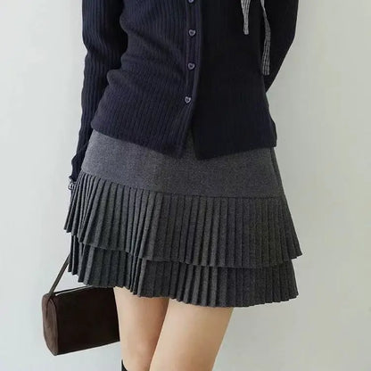 Autumn Winter Vintage Black Grey Versatile Pleated Short Skirt For Women 2025 Brown Temperament High Waist Sexy Mini Skirts Chic
