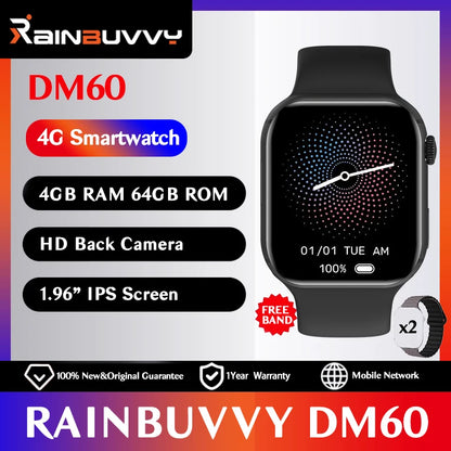 Rainbuvvy DM60 SIM Smart Watch Android8.1 Quad Core 4GB RAM 64GB ROM 2.02" IPS 4G LTE Wifi Sports Watch