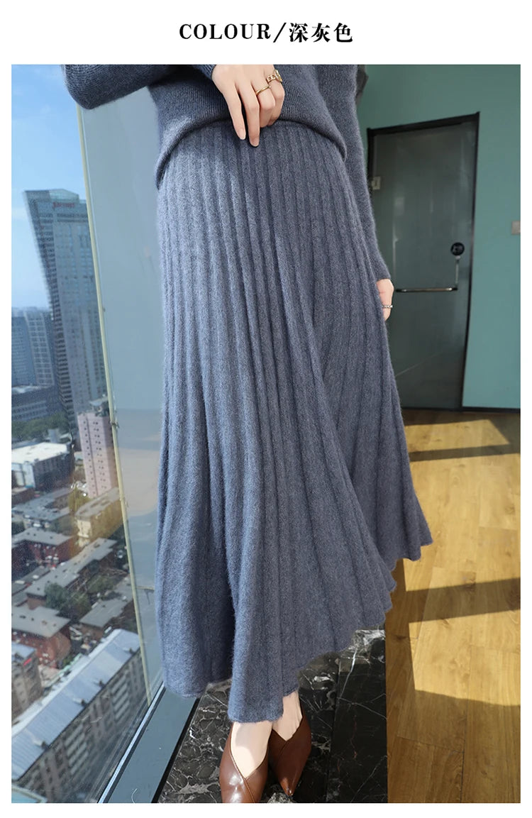 mink cashmere skirt Fashion long dress women A-line skirt autumn winter loose pleated skirt elegant high-waisted skirt ladies