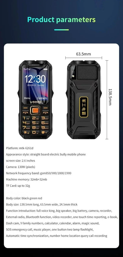 YEEMI Q8 GSM 2G Rugged Phone Big Battery Dual Flashlight 2.4inches HD Screen Dual SIM Mobile Phone Large Button Cellphone