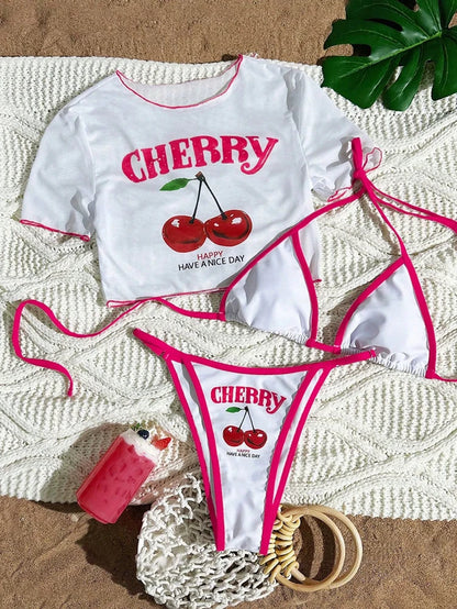 CHERRY Bikini 2026 New Sexy & Fresh Feeling Bathing Suit Three-Piece Swimsuit Print Beach Swimwear 7 Colors Size S-XL Available