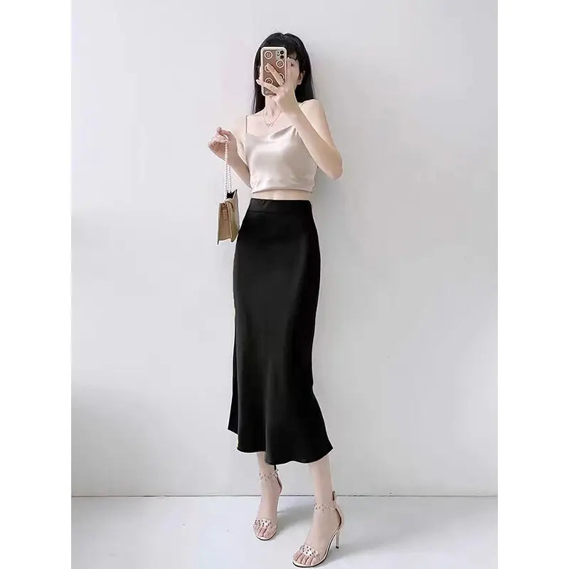 Fashion Oversized Women Clothing Satin Skirts Summer Temperament Solid Color High Waist A-line Skirt Female Simplicity Skirt