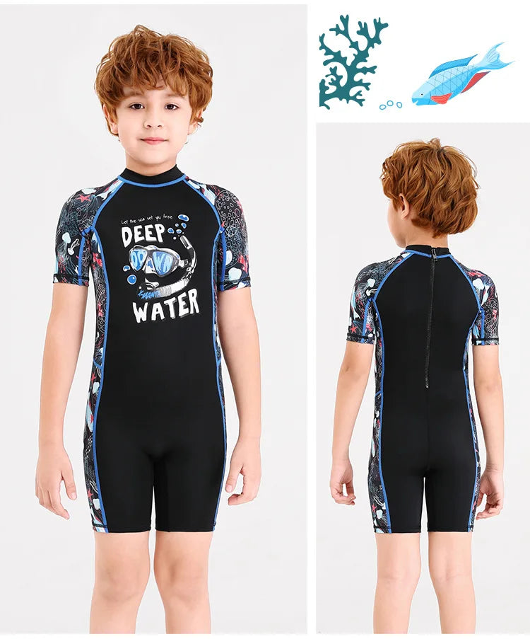 One-Piece Swim Suits Sportswear Girls Boys Summer Swimwear Children Swimsuits Kid Short Sleeve Quick Drying Sun Protection