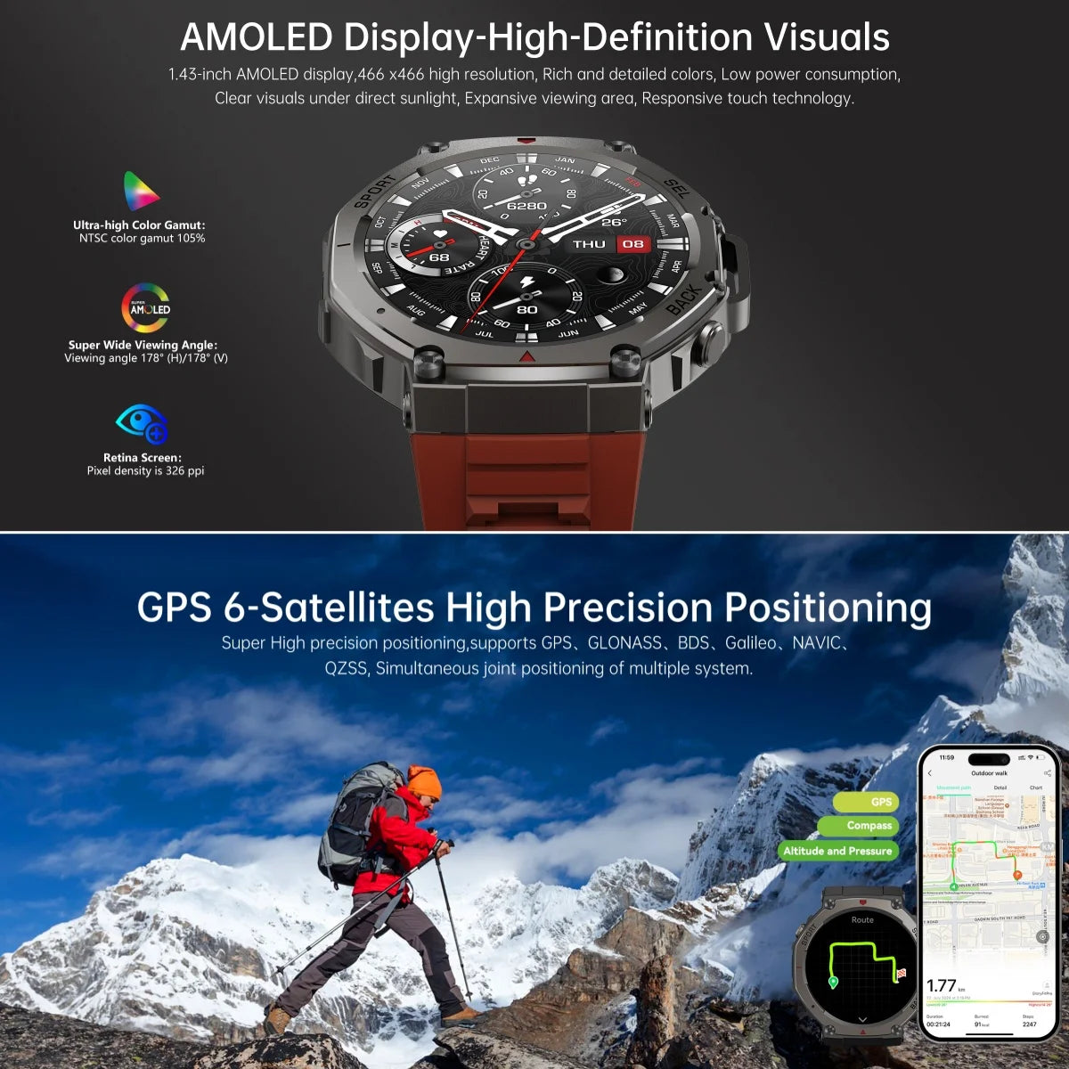 Original T-Rex 3 Military Smart Watch Bulit-in GPS Compass Altimeter Barometric 5ATM Waterproof AMOLED Bluetooth Call Smartwatch