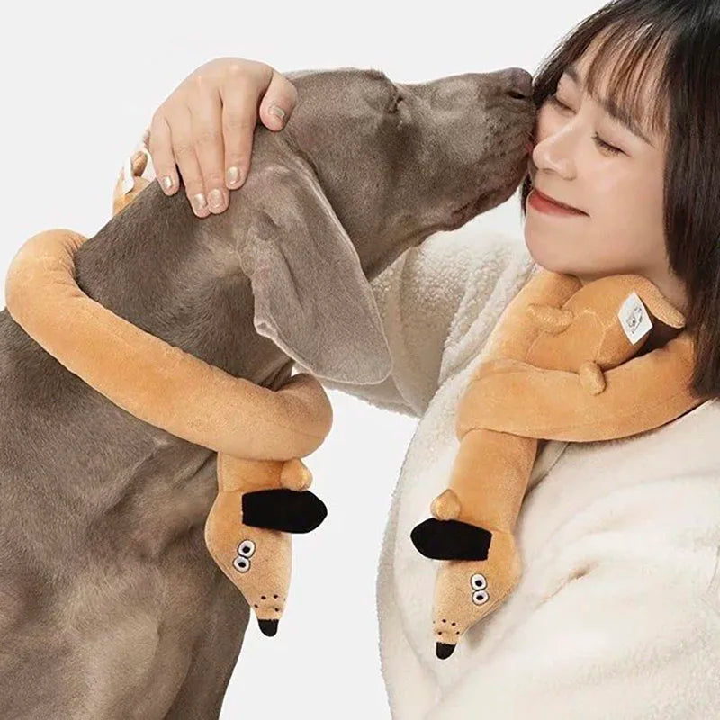 Long, thin, talking dachshund plush toy; makes sounds; a dog doll that entertains and amuses.