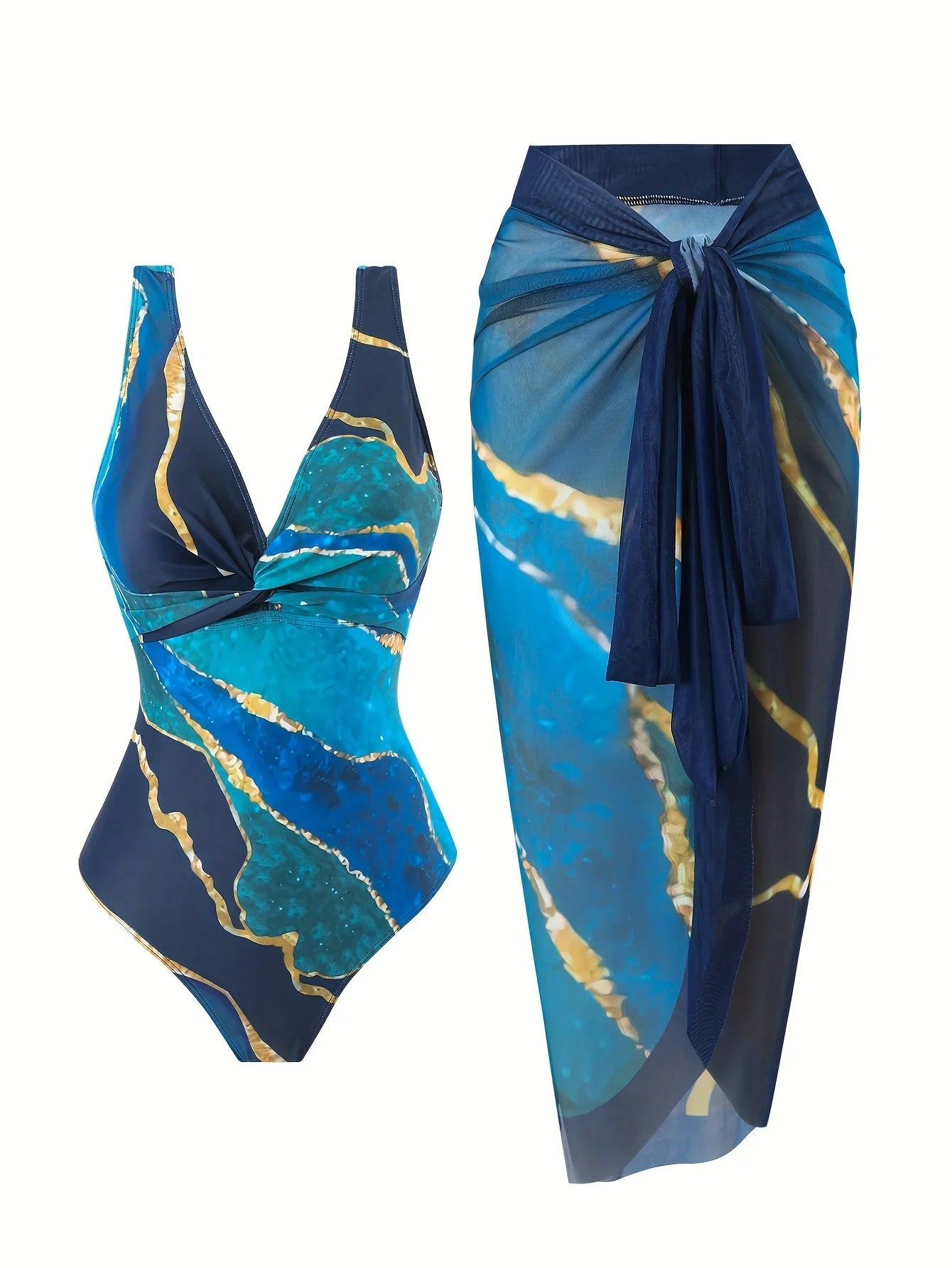 2 Piece Swimsuits, V Neck High Stretch One-piece Bathing-suit & Cover Up Sarong Skirt, Women's Swimwear & Clothing