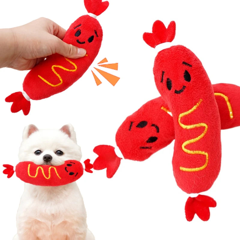 Dog Sound Plush Toy Hot Dog Chewing Toy Pet Grinding Teeth Squeaky Plush Toy Puppy Bite-resistant Interactive Chew Toy ﻿