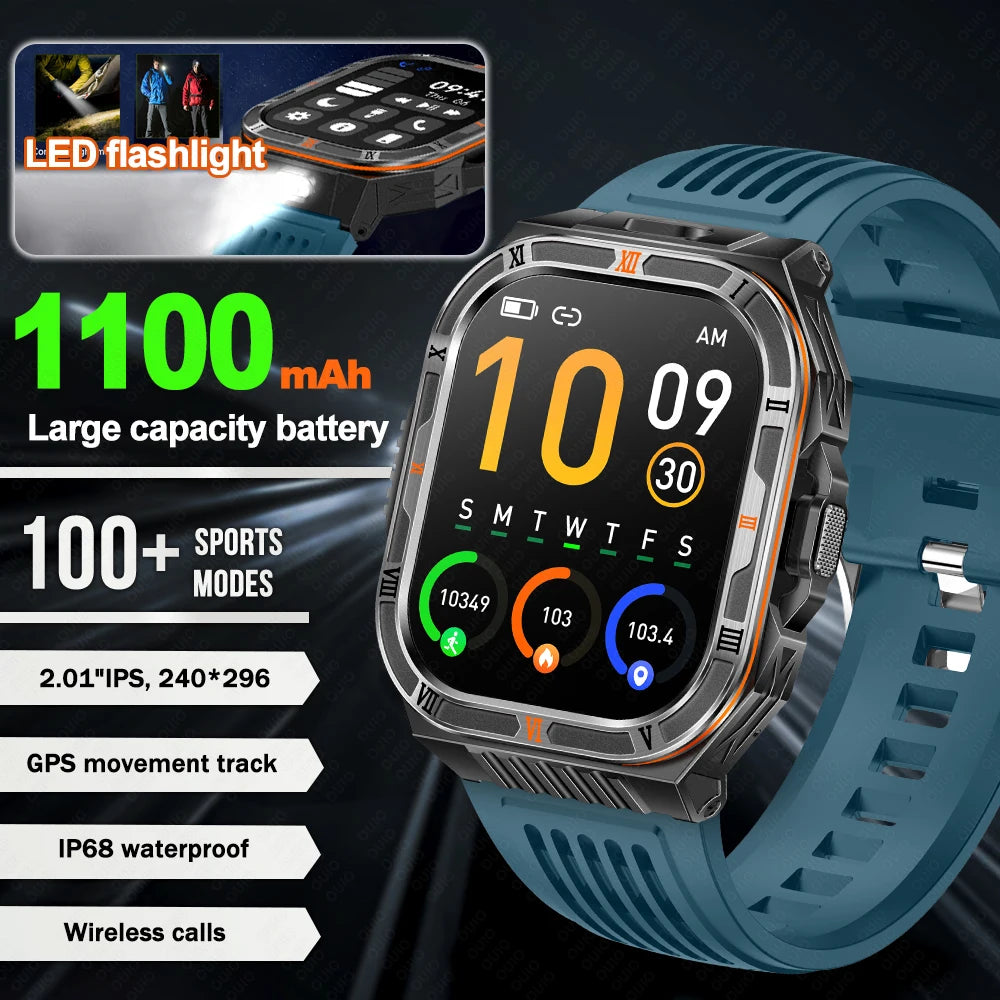 New 1100mAh Big Battery Smart Watch Men Outdoor Compass Bluetooth Call IP68 Waterproof Sports 2.01 Inch Flashlight Smart Watch