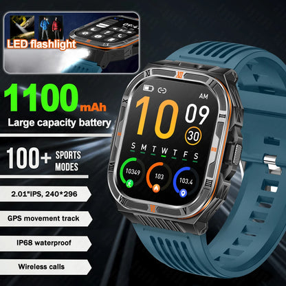 New 1100mAh Big Battery Smart Watch Men Outdoor Compass Bluetooth Call IP68 Waterproof Sports 2.01 Inch Flashlight Smart Watch