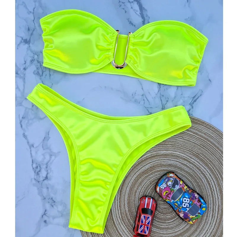 High Waist Swimsuit Women Push Up Beachwear Sexy Bandeau Bathing Suit Maillot De Bain Femme Bikini Summer Swimwear Women
