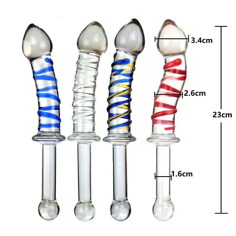 Adult sexual products, red and blue striped long handled glass dildo, female masturbation sex toys