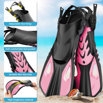 Diving Mask Fin Snorkel Set for Adult Panoramic View Snorkel Mask Adjustable Dive Flipper Dry Top Snorkel and Travel Bag