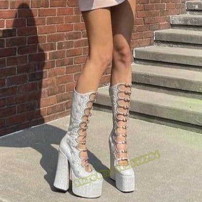 Crystal Bling Knee High Sandals Boots Thick Sole Platform Chunky High Heels Solid Buckles Straps Sandals Women Sexy Shoes Summer