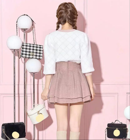 Japanese Lolita Skirts Ruffled Pleated Plaid Skirt Women 2025 Spring New Elastic High Waist Slimming Gentle Mini Skirt Culottes
