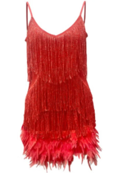Summer Fashion Elegant Tassel Sequin Dress Women's Sexy Slim Sleeveless V-neck High Waist Suspender Feather Stitching Dresses