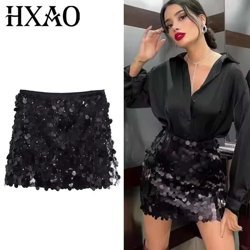 HXAO Woman Skirt Sequin Black Mini Skirt Shiny Silver Short Skirts Women High Waist Party A Line Skirt Glitter Women's Skirts