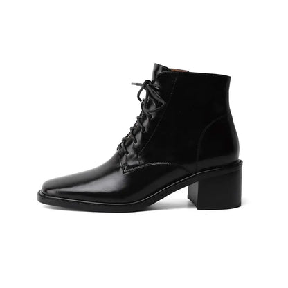 Krazing Pot 2025 Hot Sale Genuine Leather Square Toe Chelsea Boots High Heels Winter Season Lace Up Superstar Ins Ankle Boots
