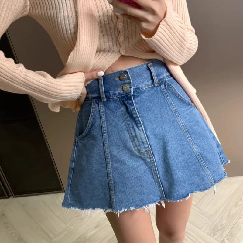 Chic High Waist A-Line  Skirt Women's Jeans ort Skirt Spring Vintage Slimming Splicing Hemming Girl's Faion Commute