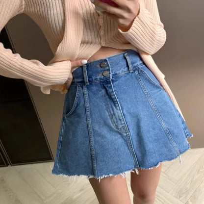 Chic High Waist A-Line  Skirt Women's Jeans ort Skirt Spring Vintage Slimming Splicing Hemming Girl's Faion Commute