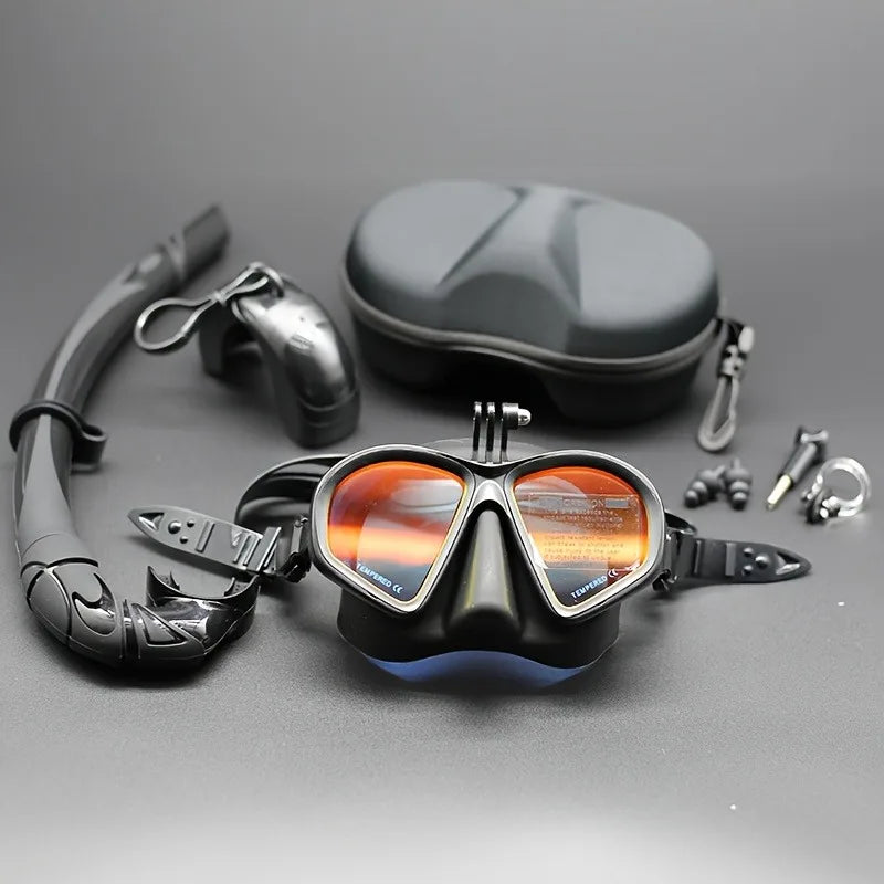 Professional Wet Low Volume Freediving Mask, Tempered Glass dive Mask, J-Type Diving Mask, Snorkel Set, With Go-Pro Camera Mount