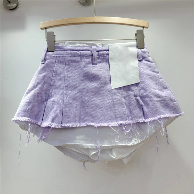 KBQ Temperament Slim Fit Denim Mini Slirts For Women High Waist Spliced Button Daily Casual Commute Skirt Female Fashion Style