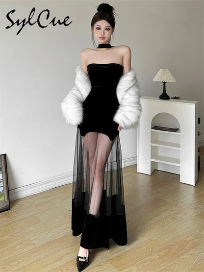 Sylcue Winter Party Black Mysterious Sexy Mature Beautiful Elegant Graceful Sweet Gentle Women'S Halter Tulle Stitching Dress