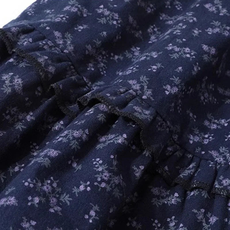 New Elegant Dark Blue Floral Women High-Waisted Retro Blue Floral Skirt Female A-line Skirt Casual Lazy Wind Long Skirt