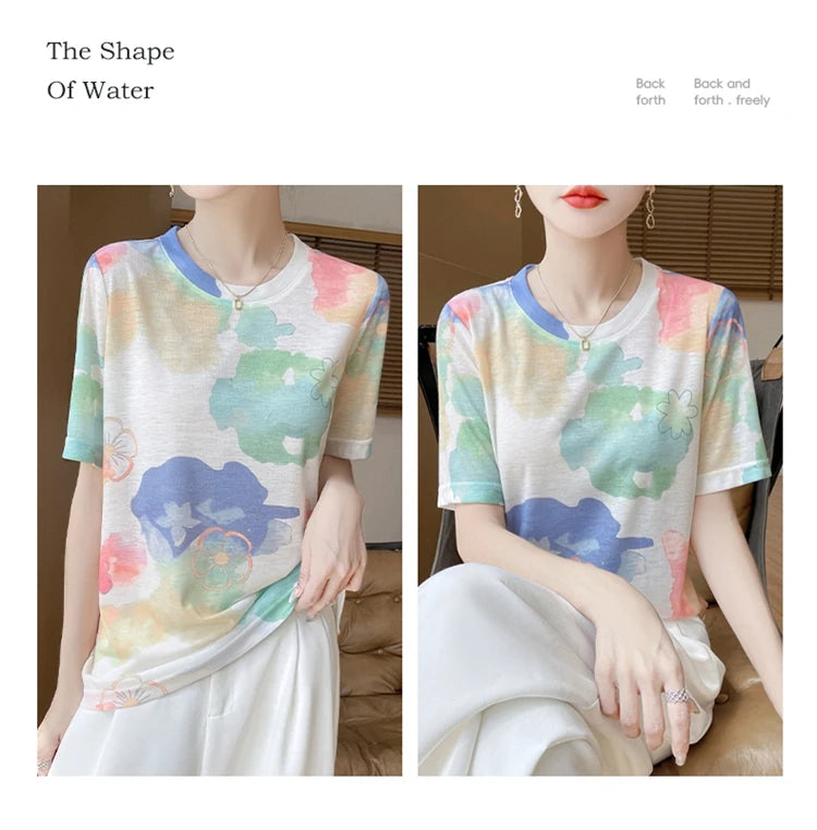 Spring And Summer New Lyocell Short Sleeve Sweater Loose Thin Half Sleeve T-shirt Printed Top