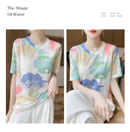 Spring And Summer New Lyocell Short Sleeve Sweater Loose Thin Half Sleeve T-shirt Printed Top