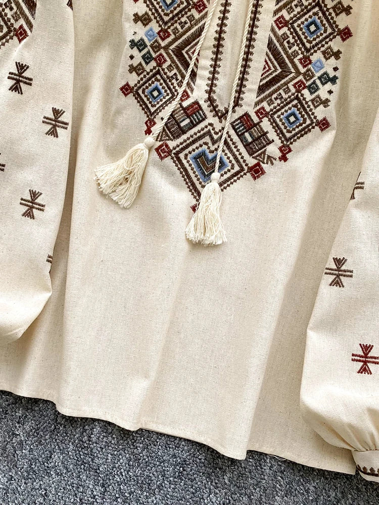 Women Autumn Blouse Loose Artistic Retro Heavy Industry Embroidery Bow O-Neck Lantern Sleeve Shirt Casual Versatile Top BL270