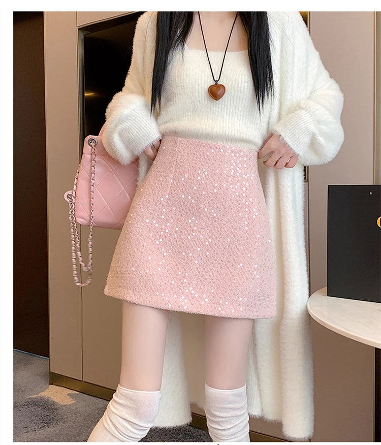 Fashion Y2K Streetwear Winter Mini Skirt Women Glitter Sequin Bodycon Tweed Skirts With Shorts A-Line Pink White Black Faldas