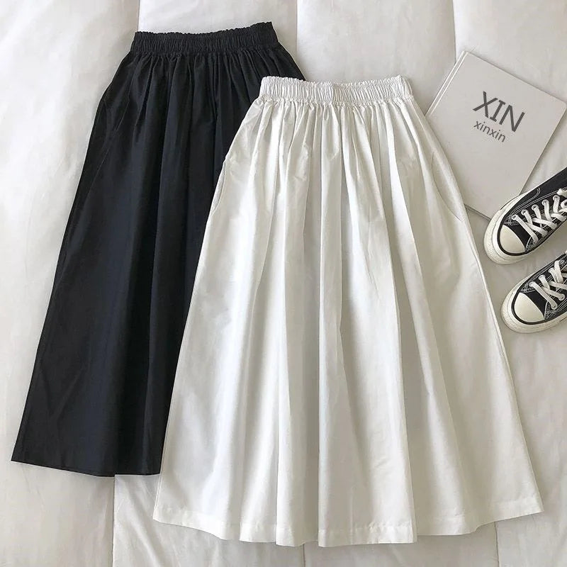 2025 New Casual Elegant High Waist A Line Skirts Women Solid Color Long Skirt Fashion Pockets Pleated Knee Length Skirts Autumn