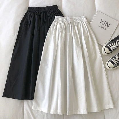 2025 New Casual Elegant High Waist A Line Skirts Women Solid Color Long Skirt Fashion Pockets Pleated Knee Length Skirts Autumn