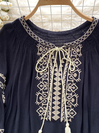 Women's Bohemia Blouse Embroidered Autumn Spring O-neck Collar Bow Tie Lantern Sleeve Top Blusas Mujer Female Tops BL020