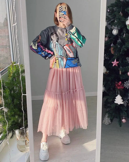 Hirsionsan Pleated Cake Skirts Women 2024 New Korean Harajuku Sweet Lace Skirt Ladies Elegant Party Ball Gown Female Mesh Skirt