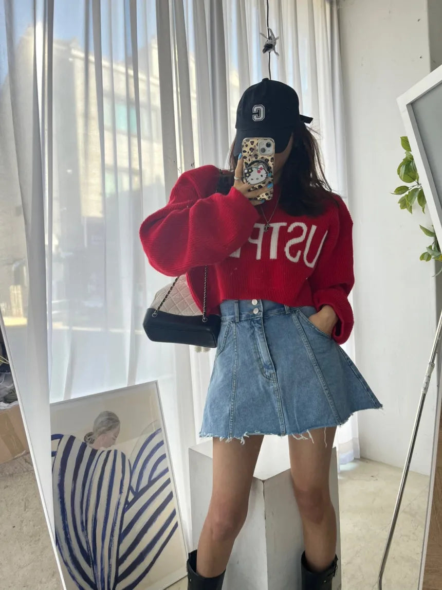 Chic High Waist A-Line  Skirt Women's Jeans ort Skirt Spring Vintage Slimming Splicing Hemming Girl's Faion Commute