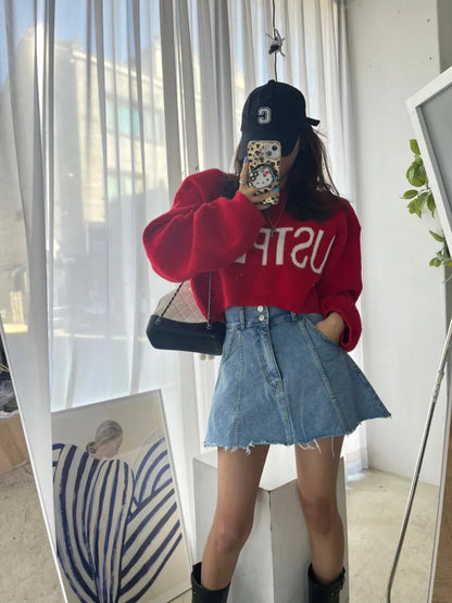 Chic High Waist A-Line  Skirt Women's Jeans ort Skirt Spring Vintage Slimming Splicing Hemming Girl's Faion Commute