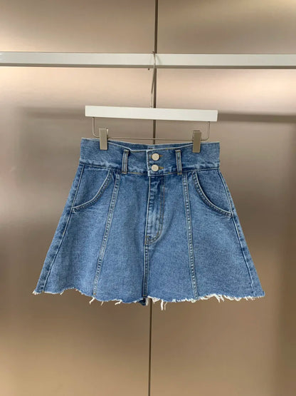 Chic High Waist A-Line  Skirt Women's Jeans ort Skirt Spring Vintage Slimming Splicing Hemming Girl's Faion Commute