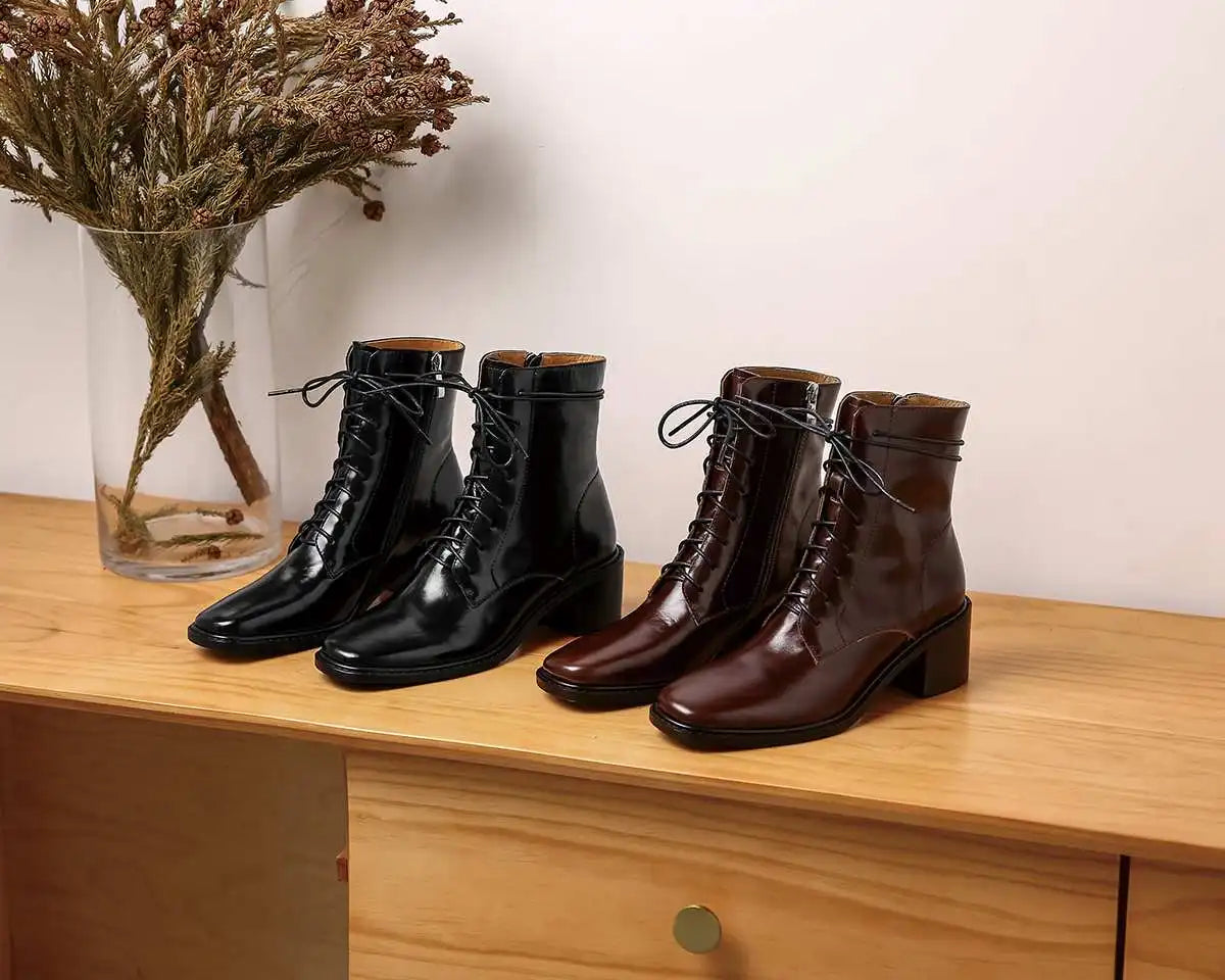 Krazing Pot 2025 Hot Sale Genuine Leather Square Toe Chelsea Boots High Heels Winter Season Lace Up Superstar Ins Ankle Boots