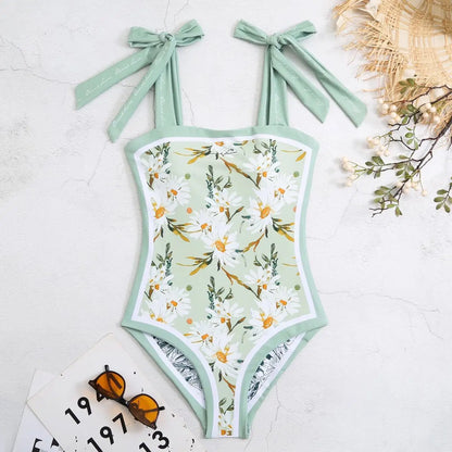 Y2K Fashion Women Floral One Piece Swimsuits Reversible Tie Shoulder Monokini Tummy Control Bathing Suits Square Neck Swimwear