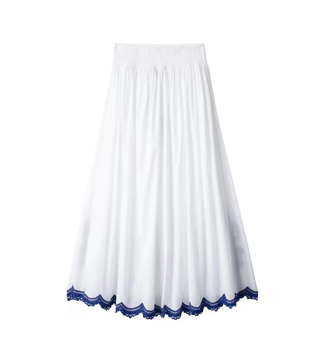 HH Blue Floral Embroidery Skirt For Women Fashion Casual Loose Elastic Waist Skirt Pleated Woman High Waist Midi Skirts