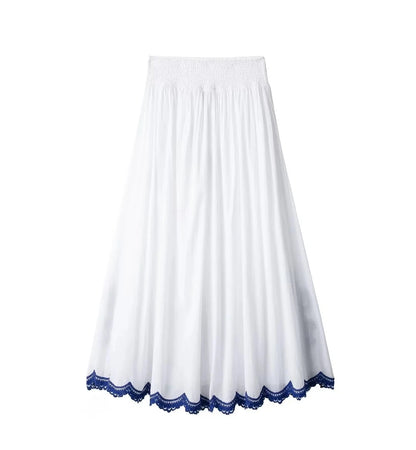 HH Blue Floral Embroidery Skirt For Women Fashion Casual Loose Elastic Waist Skirt Pleated Woman High Waist Midi Skirts