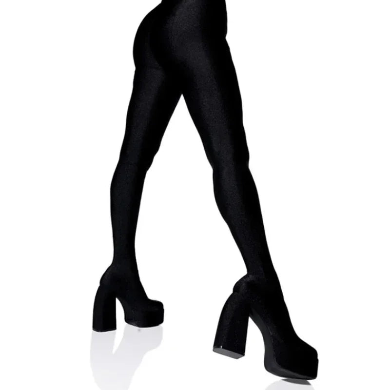 2024 New Pants Jumpsuit Boots Elastic Cloth Boots Racing Party Super Cool Square Head Waterproof Platform Thick Heel Boots 35-46