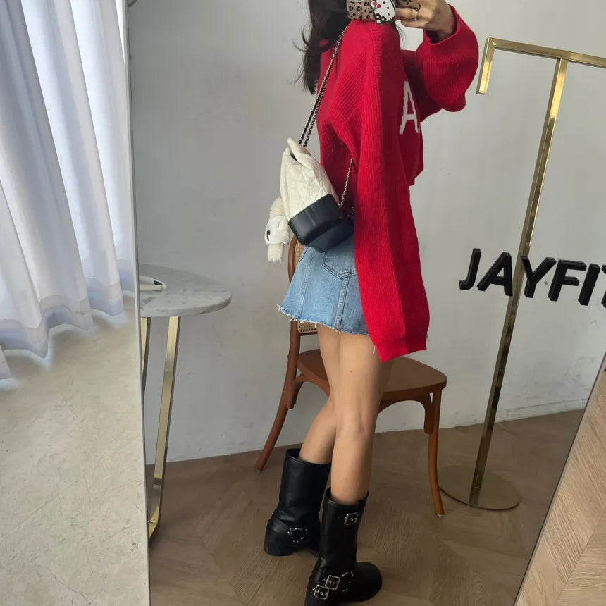 Chic High Waist A-Line  Skirt Women's Jeans ort Skirt Spring Vintage Slimming Splicing Hemming Girl's Faion Commute