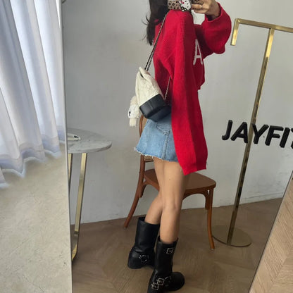 Chic High Waist A-Line  Skirt Women's Jeans ort Skirt Spring Vintage Slimming Splicing Hemming Girl's Faion Commute