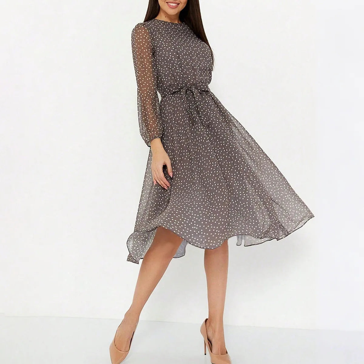 Print Dot Dress Women Casual Long Sleeve Round Neck Midi Dresses Lace Up Vocation Elegant Vestidos Summer 2025 Y2k Streetwear