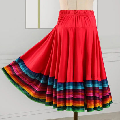 Midi Skirt Ladies Folk Dance Skirt Elastic High Waist Spanish Swing Skirt Rainbow Large Swing Hem Mexican Flamenco Dance Skirts